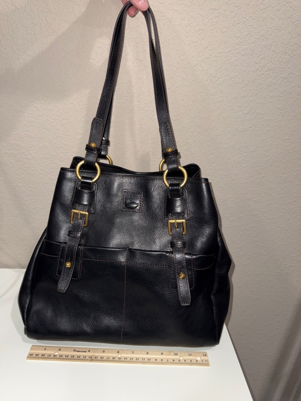 Dooney & Bourke Black Leather Shoulder Bag with Gold Hardware